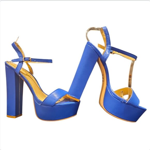 Blue Platform High Heel Ankle Strap Sandals - Picture 2 of 8